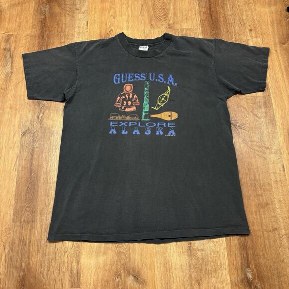 Vintage Guess USA Shirt Mens XL 90s Explore Alaska Nature Georges Marciano Black - Picture 2 of 6